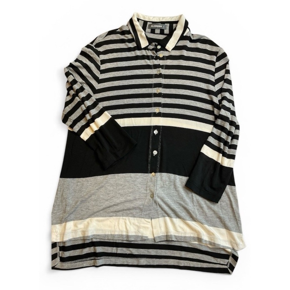 ALEMBIKA Viscose Button Front Shirt Womens Medium Stripes Artsy Lagen Longline